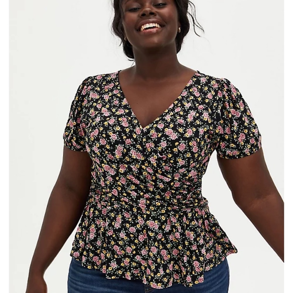 Torrid Super Soft Black Ditsy Floral Surplice Midi Top
